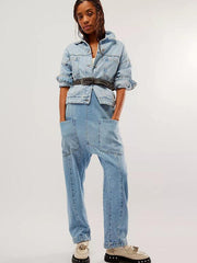 washed denim V-neck jumpsuit adjustable overalls - 808Lush