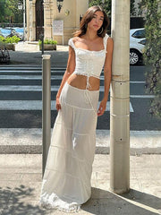 women's French square neck halter top with lace splicing skirt vacation style suit - 808Lush