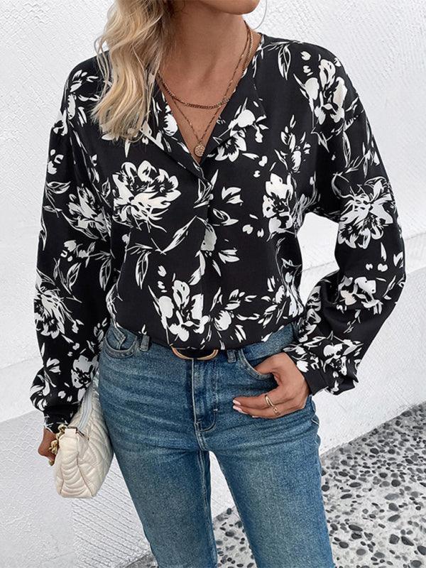 women's black and white flower printed lapel long-sleeved shirt - 808Lush