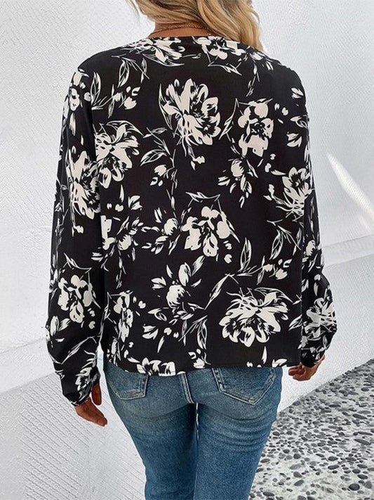 women's black and white flower printed lapel long-sleeved shirt - 808Lush