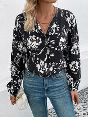 women's black and white flower printed lapel long-sleeved shirt - 808Lush