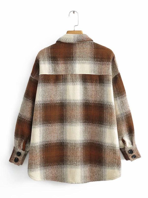 women's casual all-match shirt style woolen check coat - 808Lush