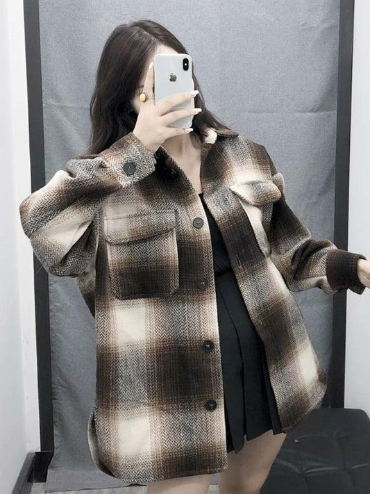 women's casual all-match shirt style woolen check coat - 808Lush