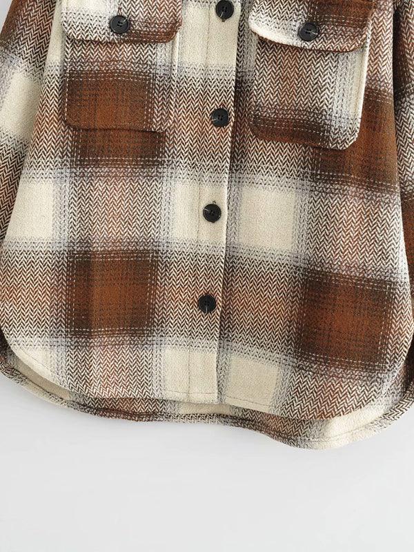 women's casual all-match shirt style woolen check coat - 808Lush