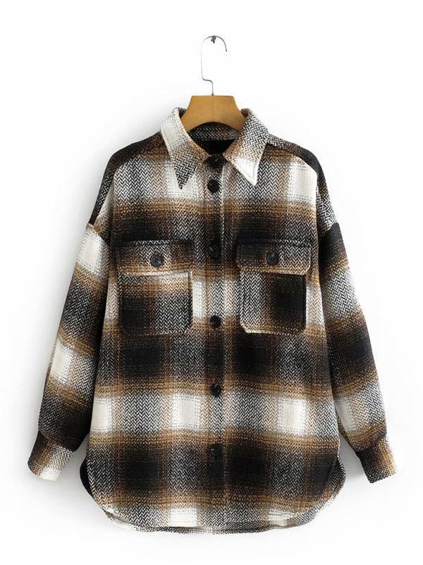 women's casual all-match shirt style woolen check coat - 808Lush