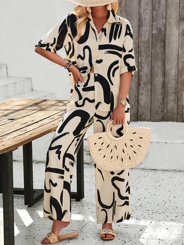 women's casual fashion printed lapel short-sleeved shirt and trousers vacation suit - 808Lush