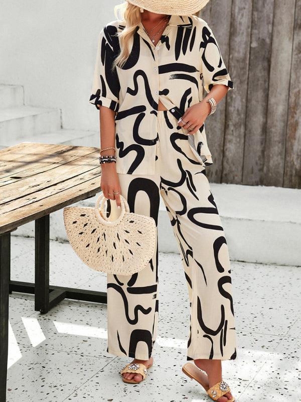 women's casual fashion printed lapel short-sleeved shirt and trousers vacation suit - 808Lush