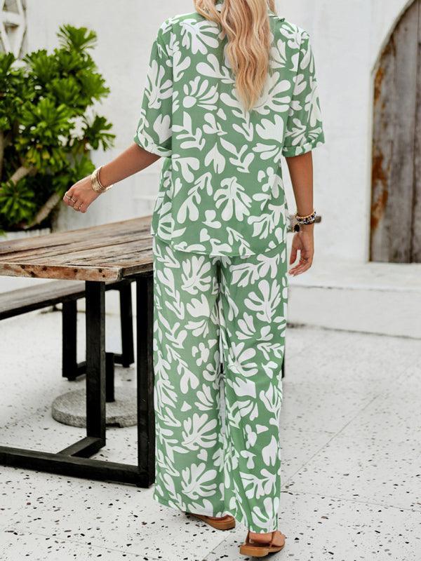 women's casual fashion printed lapel short-sleeved shirt and trousers vacation suit - 808Lush