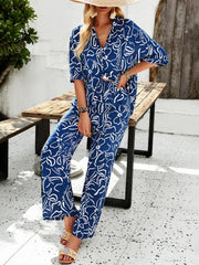 women's casual fashion printed lapel short-sleeved shirt and trousers vacation suit - 808Lush