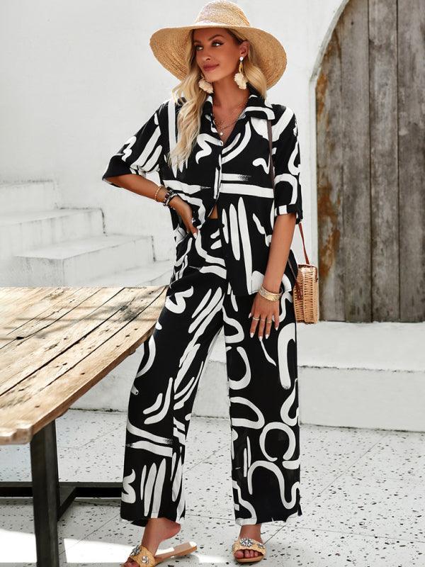 women's casual fashion printed lapel short-sleeved shirt and trousers vacation suit - 808Lush