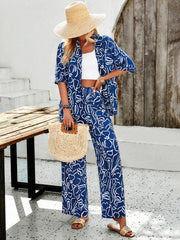 women's casual fashion printed lapel short-sleeved shirt and trousers vacation suit - 808Lush