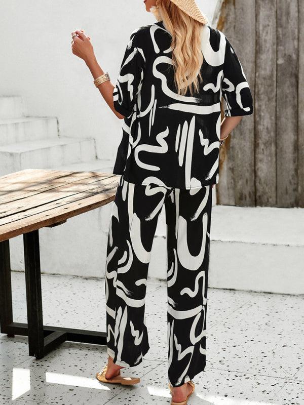 women's casual fashion printed lapel short-sleeved shirt and trousers vacation suit - 808Lush