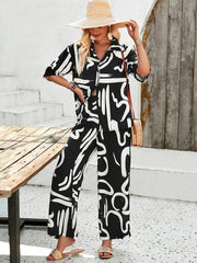 women's casual fashion printed lapel short-sleeved shirt and trousers vacation suit - 808Lush