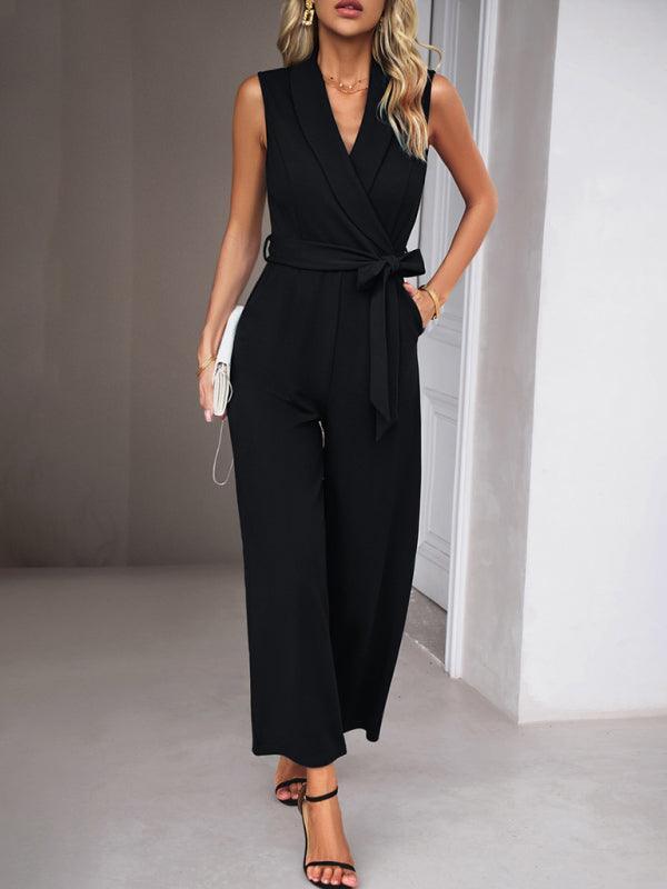 women's elegant V-neck tie commuter sleeveless jumpsuit - 808Lush