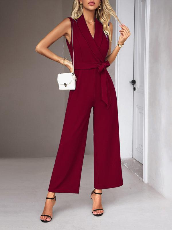 women's elegant V-neck tie commuter sleeveless jumpsuit - 808Lush