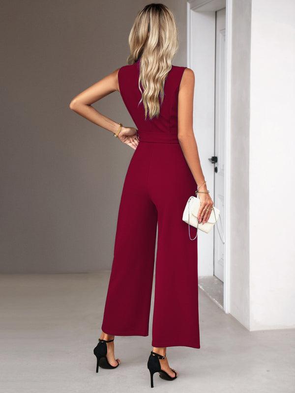 women's elegant V-neck tie commuter sleeveless jumpsuit - 808Lush