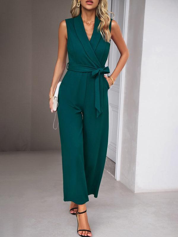 women's elegant V-neck tie commuter sleeveless jumpsuit - 808Lush