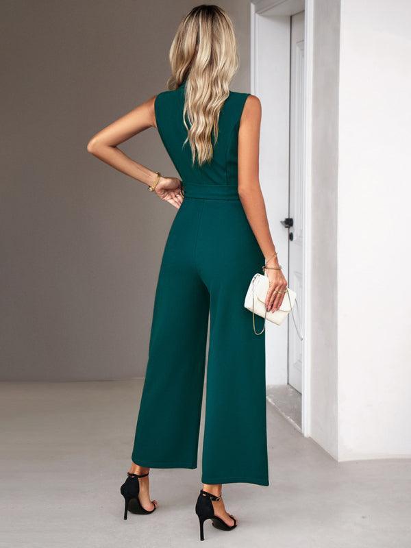 women's elegant V-neck tie commuter sleeveless jumpsuit - 808Lush