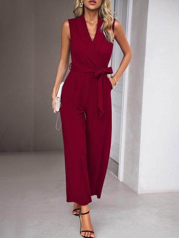 women's elegant V-neck tie commuter sleeveless jumpsuit - 808Lush