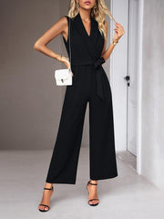 women's elegant V-neck tie commuter sleeveless jumpsuit - 808Lush