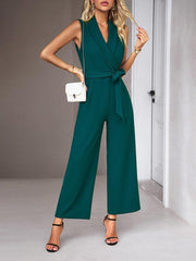 women's elegant V-neck tie commuter sleeveless jumpsuit - 808Lush