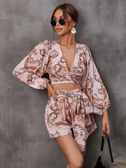 women's hollowed-out long-sleeved shorts V-neck jumpsuit - 808Lush