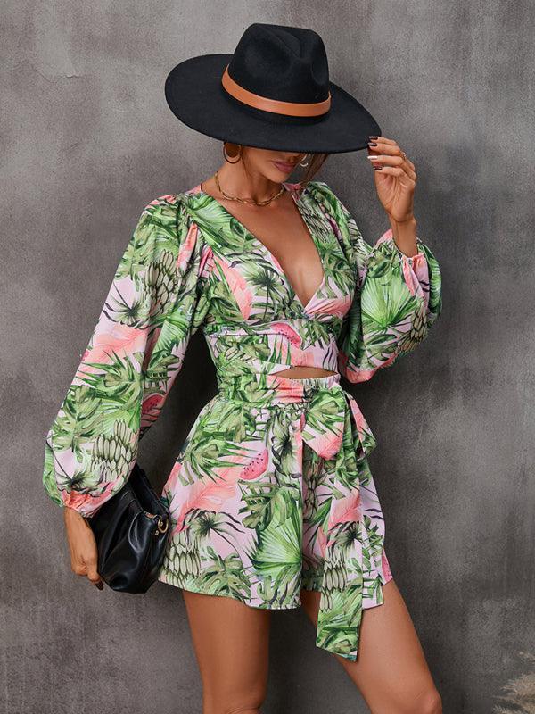 women's hollowed-out long-sleeved shorts V-neck jumpsuit - 808Lush