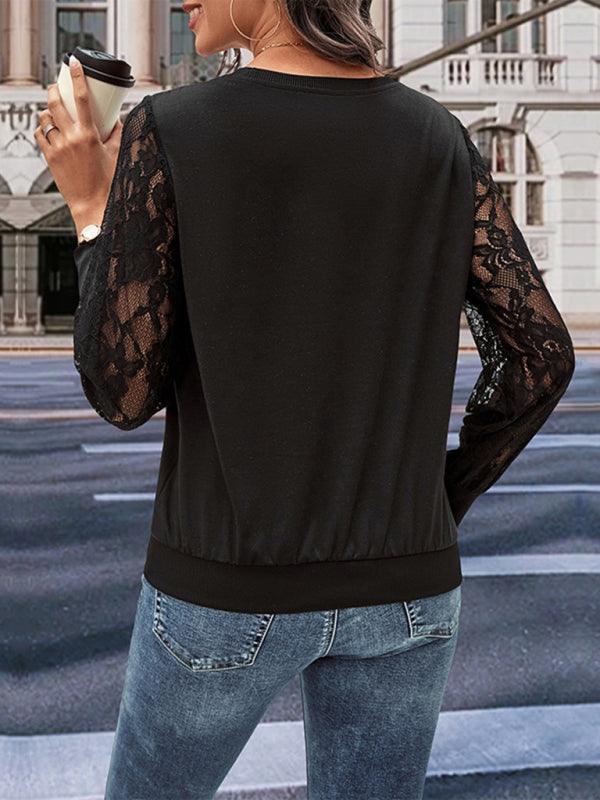 women's lace stitching black long-sleeved sweater top - 808Lush