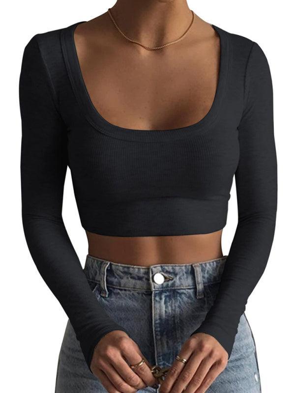 women's large round neck long-sleeved ultra-short T-shirt top - 808Lush