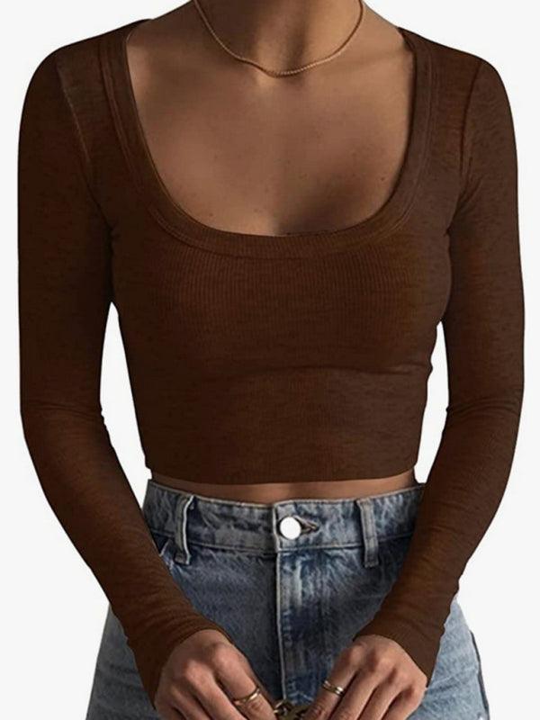 women's large round neck long-sleeved ultra-short T-shirt top - 808Lush