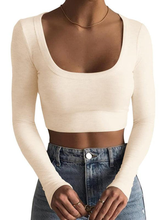 women's large round neck long-sleeved ultra-short T-shirt top - 808Lush
