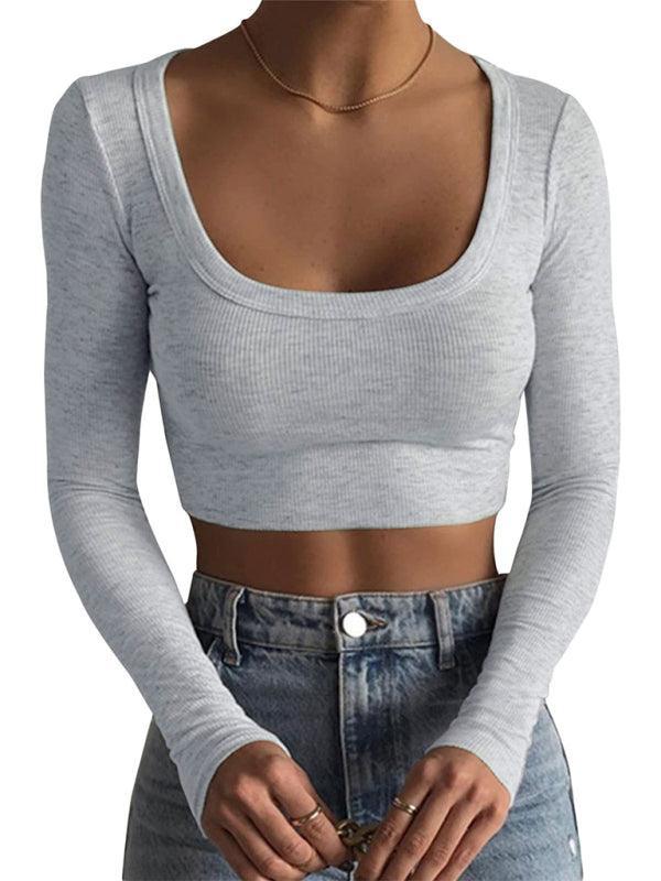 women's large round neck long-sleeved ultra-short T-shirt top - 808Lush