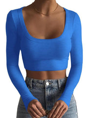 women's large round neck long-sleeved ultra-short T-shirt top - 808Lush