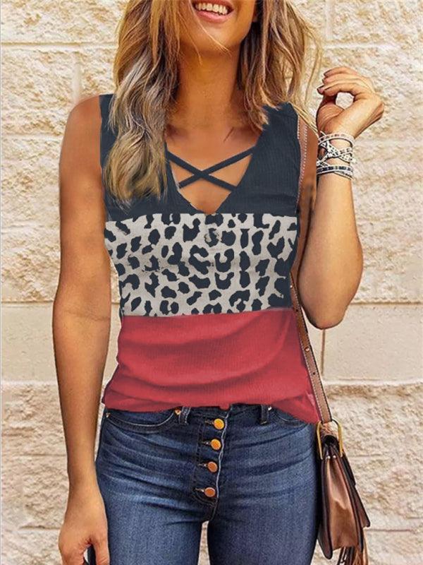 women's leopard stitching V-neck top - 808Lush