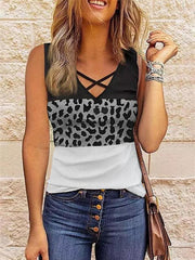 women's leopard stitching V-neck top - 808Lush