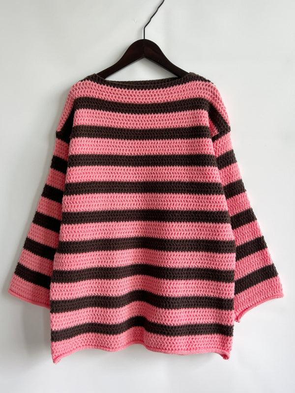 women's loose one-line collar striped long-sleeved knitted pullover casual sweater - 808Lush