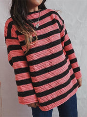 women's loose one-line collar striped long-sleeved knitted pullover casual sweater - 808Lush