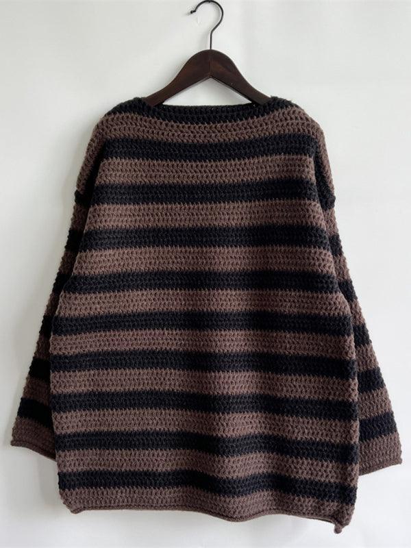 women's loose one-line collar striped long-sleeved knitted pullover casual sweater - 808Lush