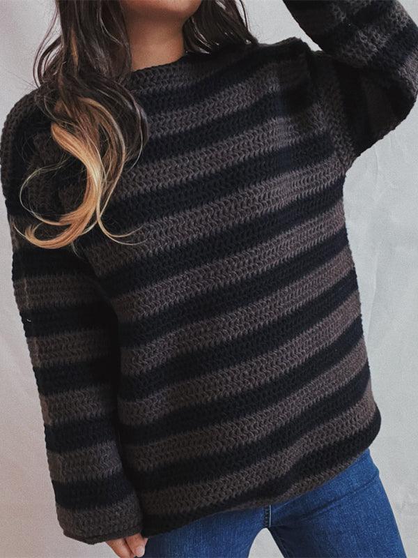 women's loose one-line collar striped long-sleeved knitted pullover casual sweater - 808Lush