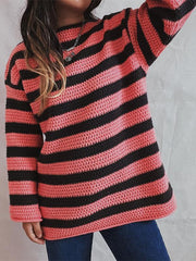 women's loose one-line collar striped long-sleeved knitted pullover casual sweater - 808Lush