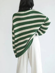 women's loose one-line collar striped long-sleeved knitted pullover casual sweater - 808Lush