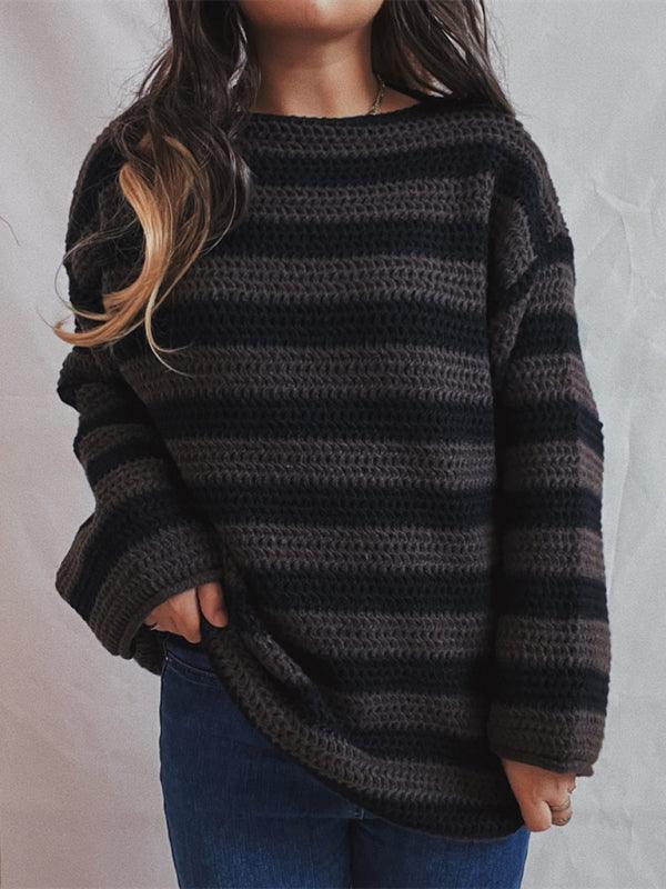 women's loose one-line collar striped long-sleeved knitted pullover casual sweater - 808Lush