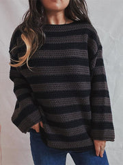 women's loose one-line collar striped long-sleeved knitted pullover casual sweater - 808Lush