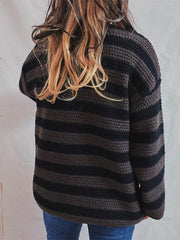 women's loose one-line collar striped long-sleeved knitted pullover casual sweater - 808Lush