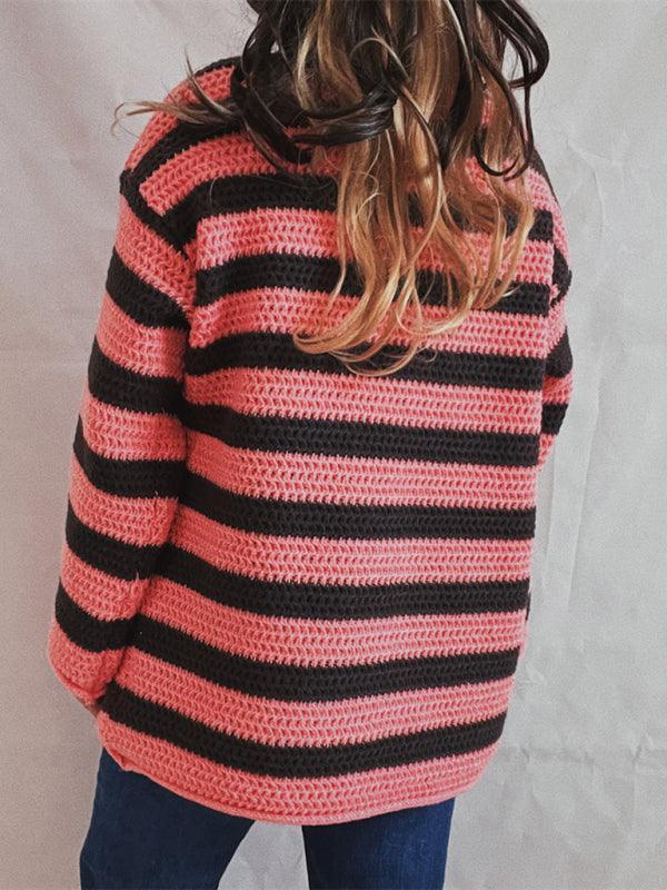 women's loose one-line collar striped long-sleeved knitted pullover casual sweater - 808Lush