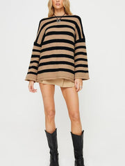 women's loose one-line collar striped long-sleeved knitted pullover casual sweater - 808Lush