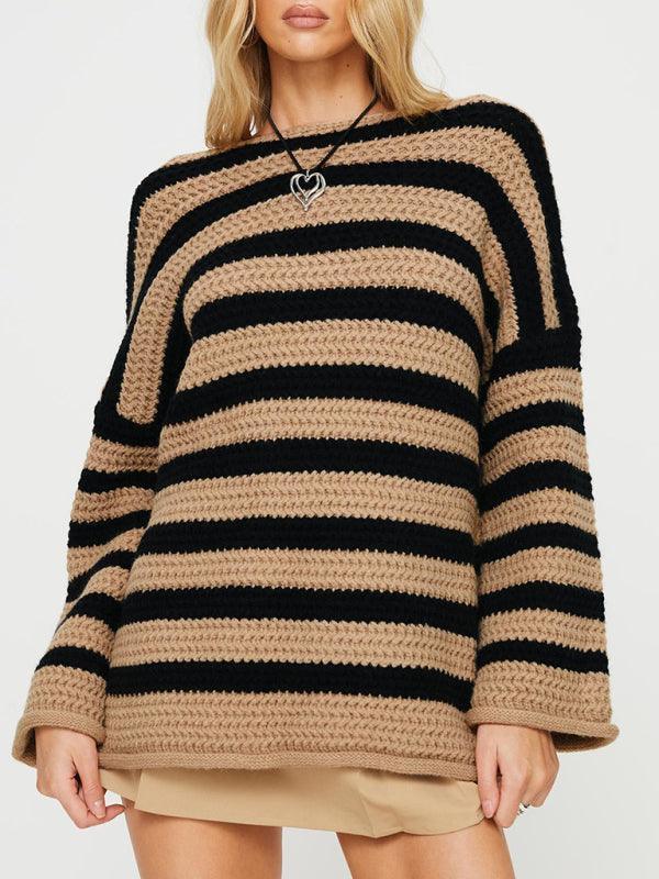 women's loose one-line collar striped long-sleeved knitted pullover casual sweater - 808Lush