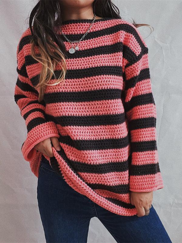 women's loose one-line collar striped long-sleeved knitted pullover casual sweater - 808Lush