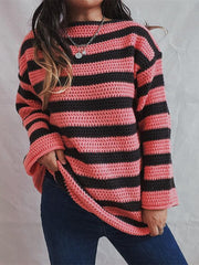 women's loose one-line collar striped long-sleeved knitted pullover casual sweater - 808Lush