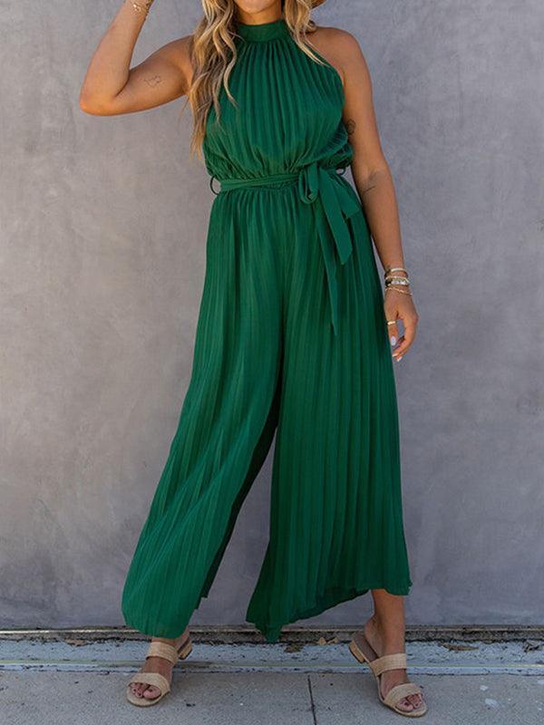 women's off-shoulder halter neck pleated jumpsuit - 808Lush